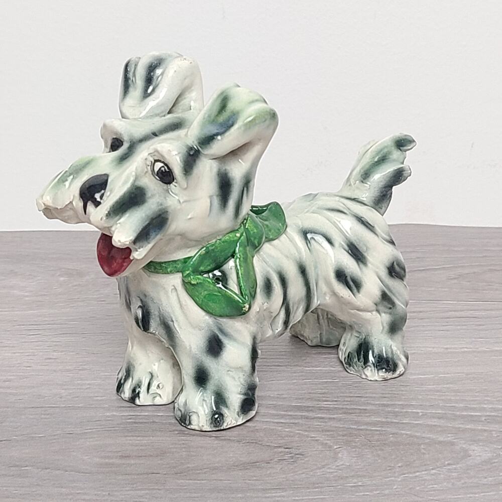 Porcelain Scottie Dog Figurine White Black Green Bow Italy Vintage